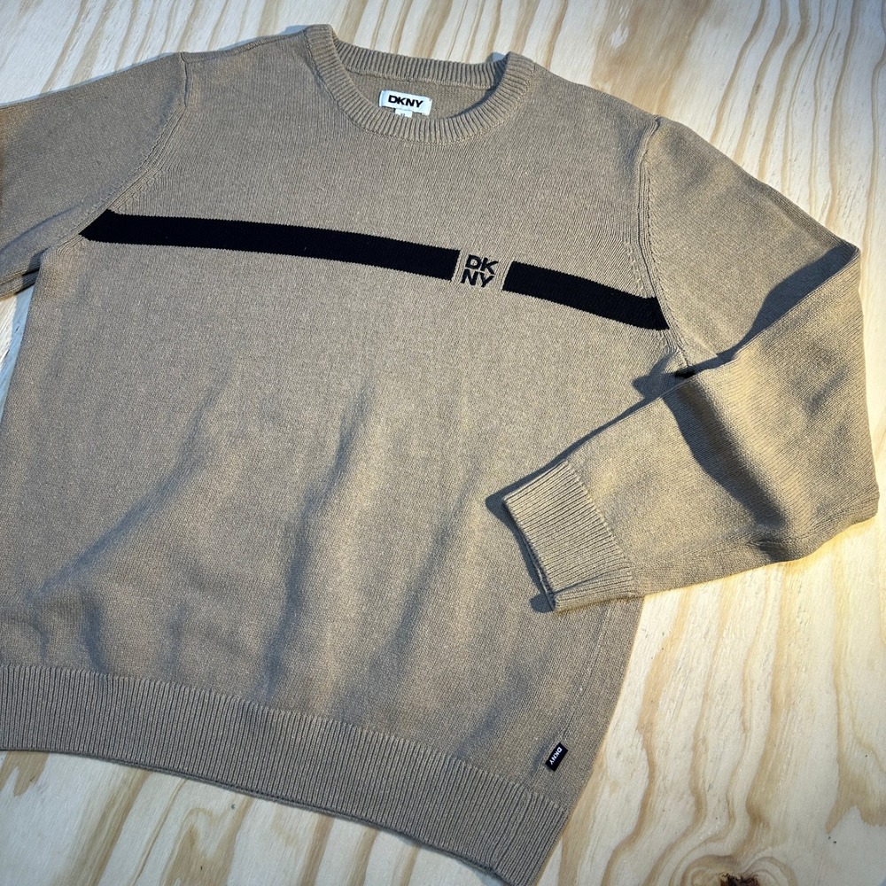 DKNY Mens XL Tan Beige Crewneck Sweater Black Stripe Logo Knit Pullover